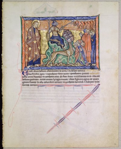 St. Johannes der Evangelist beobachtet, wie das Tier Feuer vom Himmel auf die Erde bringt, aus der Gulbenkian-Apokalypse, ca. 1265-70 von English School